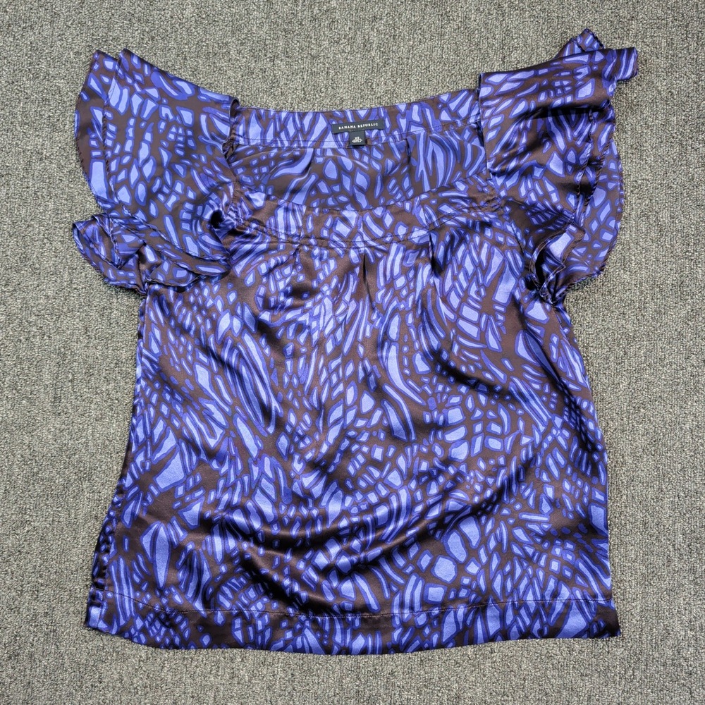 Banana Republic Y2K 100% Silk Blouse XS Blue Brown Abstract Flutter Sleeve Top - Picture 1 of 9